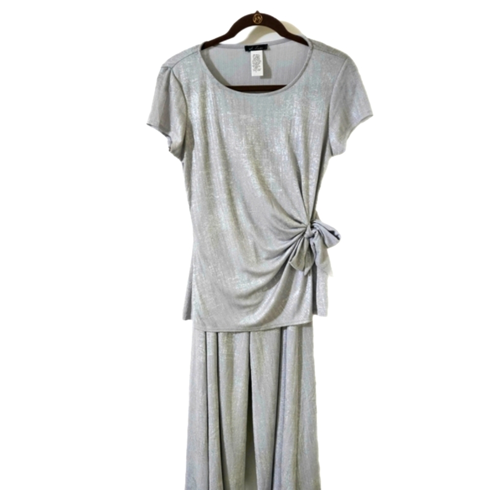 S. Levine Steinmart Womens Shimmer Metallic Silver Pant Set Suit Wide-leg Sz S